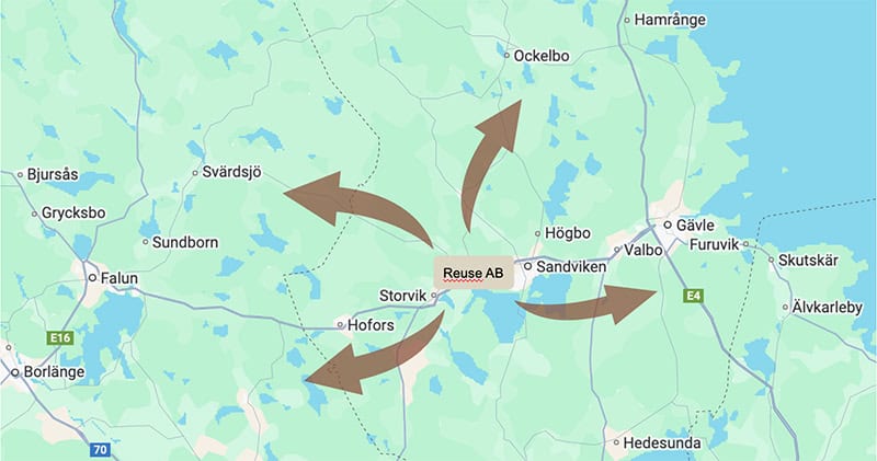 Karta över Reuse AB upptagningsområde